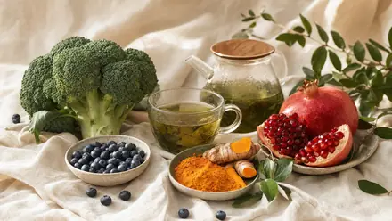 Antioxidantienreiche Lebensmittel – Brokkoli, Heidelbeeren, Kurkuma, Granatapfel – auf hellem Leinen.