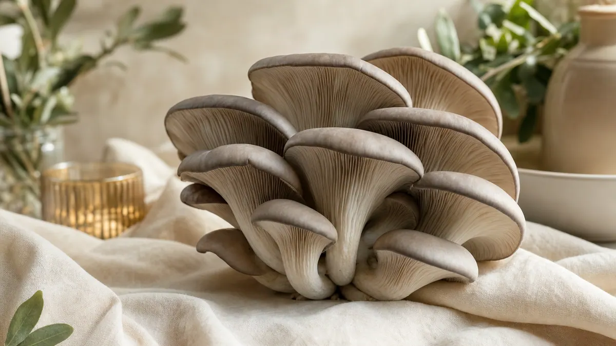 Frische graue Austernpilze (Pleurotus ostreatus) auf hellem Leinen.