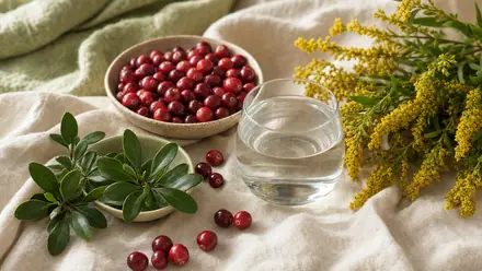 Naturstoffe für die Blase – Cranberrys, Goldrute, Bärentraube – auf hellem Leinen.