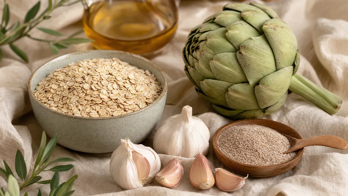 Herzgesunde Pflanzenkost – Haferflocken, Knoblauch, Artischocke und Flohsamen – auf hellem Leinen im warmen Tageslicht.