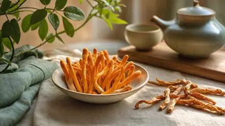 Getrocknete orangefarbene Fruchtkörper von Cordyceps militaris auf hellem Leinen, daneben Kapseln des Vitalpilzes.