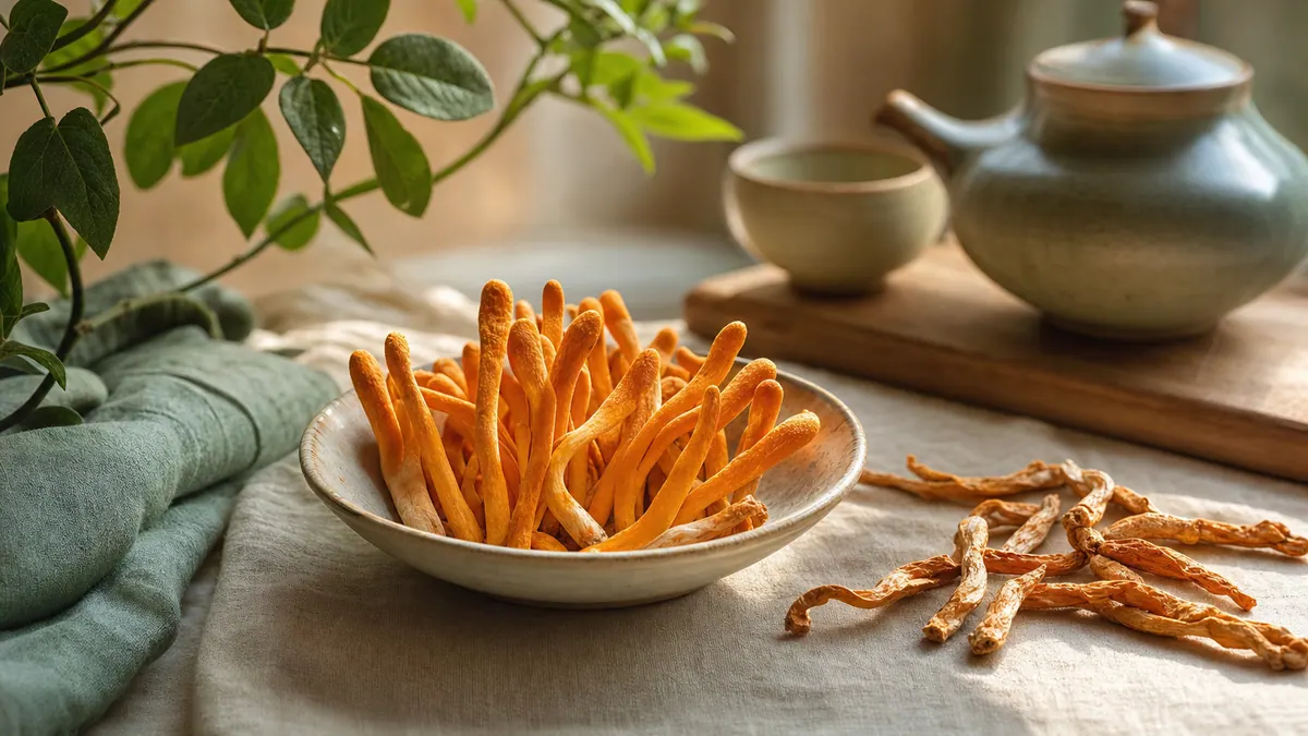 Getrocknete orangefarbene Fruchtkörper von Cordyceps militaris auf hellem Leinen, daneben Kapseln des Vitalpilzes.