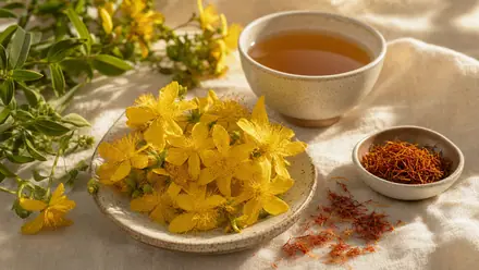 Aufhellende Morgenszene mit Johanniskraut-Blüten, Safran und einer Tasse Tee auf hellem Leinen.