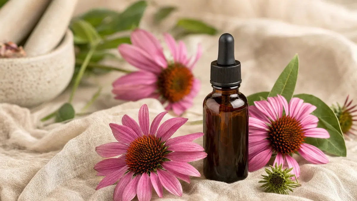 Violette Sonnenhut-Blüten (Echinacea purpurea) mit einem Tinkturfläschchen auf hellem Leinen.