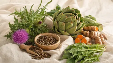 Leberfreundliche Pflanzen – Mariendistel, Artischocke, Kurkuma und Löwenzahn – als Stillleben auf hellem Leinen im warmen Tageslicht.