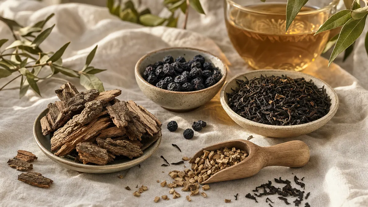 Gerbstoffreiche Pflanzen – Eichenrinde, Tormentill, getrocknete Heidelbeeren und Schwarztee – auf hellem Leinen.