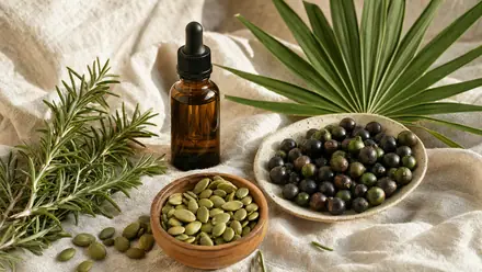 Naturstoffe für gesundes Haar – Rosmarin, Rosmarinöl, Kürbiskerne und Sägepalme – auf hellem Leinen.