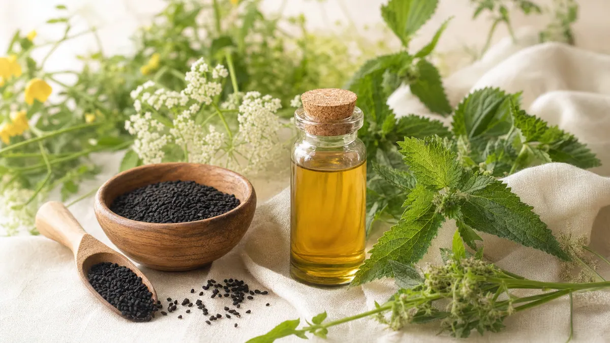 Naturstoffe bei Heuschnupfen – Schwarzkümmel mit Öl und Brennnesselblätter – auf hellem Leinen.