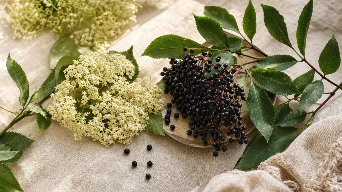 Dunkle Holunderbeeren und weiße Holunderblüten auf hellem Leinen.