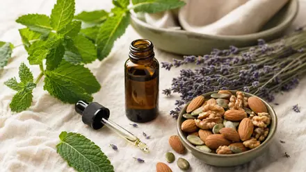 Naturstoffe bei Spannungskopfschmerz – Pfefferminze, Pfefferminzöl und Lavendel – auf hellem Leinen im warmen Tageslicht.