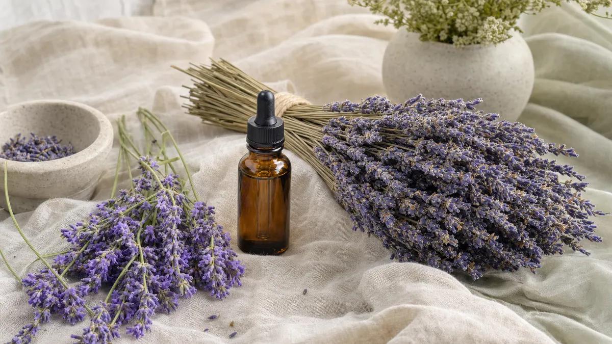 Frischer und getrockneter Lavendel mit einem Fläschchen Lavendelöl auf hellem Leinen.