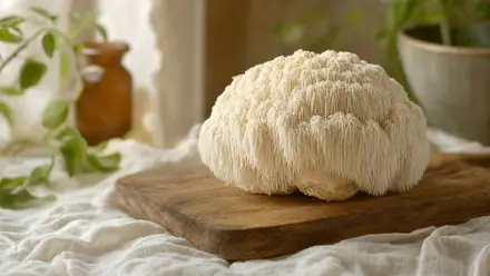 Frischer Löwenmähne-Pilz (Hericium erinaceus) mit seinen charakteristischen weißen, herabhängenden Stacheln auf hellem Leinen.