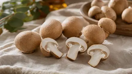 Frische Mandelpilze (Agaricus blazei) mit braunen Hüten und hellen Stielen auf hellem Leinen.