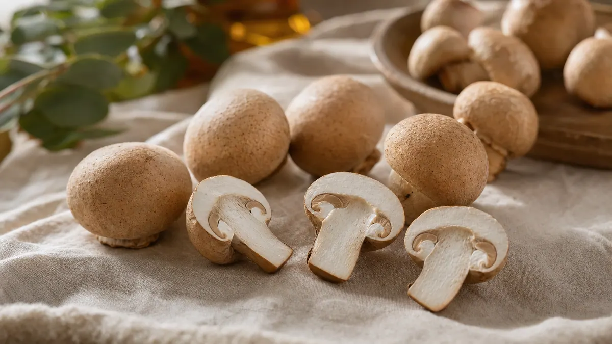 Frische Mandelpilze (Agaricus blazei) mit braunen Hüten und hellen Stielen auf hellem Leinen.