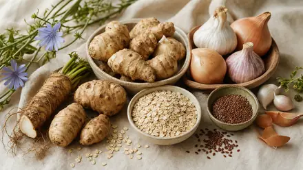 Präbiotische Lebensmittel – Chicorée, Topinambur, Hafer, Leinsamen, Zwiebeln und Knoblauch – auf hellem Leinen.