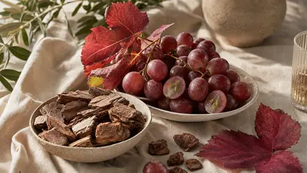 OPC-reiche Naturstoffe – Traubenkerne, Pinienrinde und rotes Weinlaub – auf hellem Leinen.