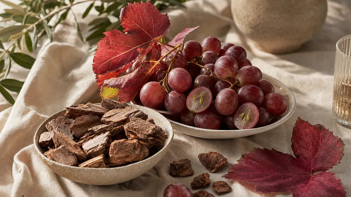 OPC-reiche Naturstoffe – Traubenkerne, Pinienrinde und rotes Weinlaub – auf hellem Leinen.