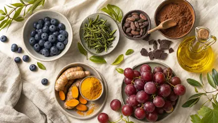 Polyphenolreiche Lebensmittel – Heidelbeeren, Grüntee, Kakao, Olivenöl, Kurkuma, Trauben – auf hellem Leinen arrangiert.