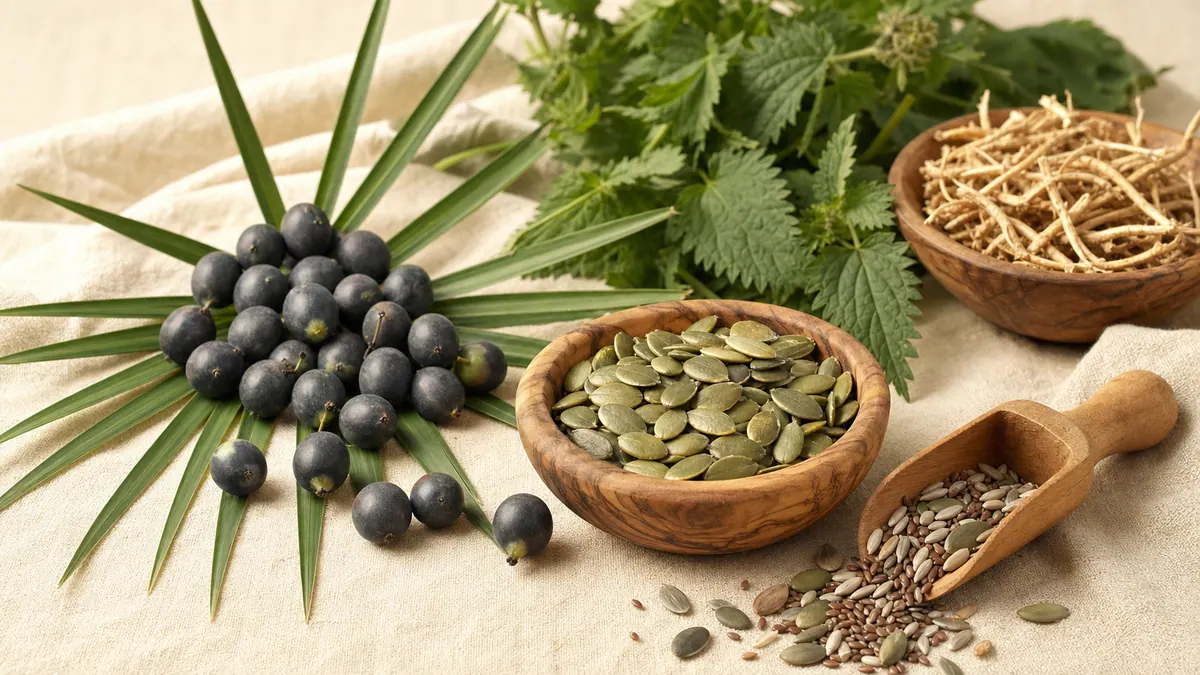 Naturstoffe für die Prostata – Sägepalme-Beeren, Kürbiskerne und Brennnesselwurzel – auf hellem Leinen im warmen Tageslicht.