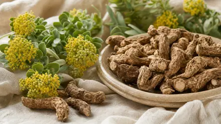 Rosenwurz-Wurzelstücke (Rhodiola rosea) mit kleinen gelben Blüten auf hellem Leinen.