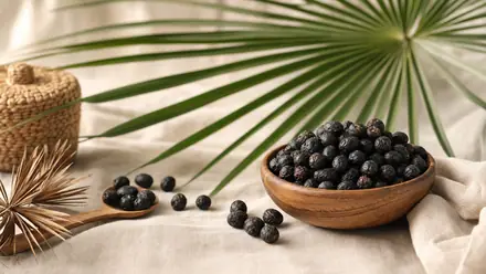 Dunkle Sägepalmen-Beeren (Serenoa repens) mit einem Palmwedel auf hellem Leinen.