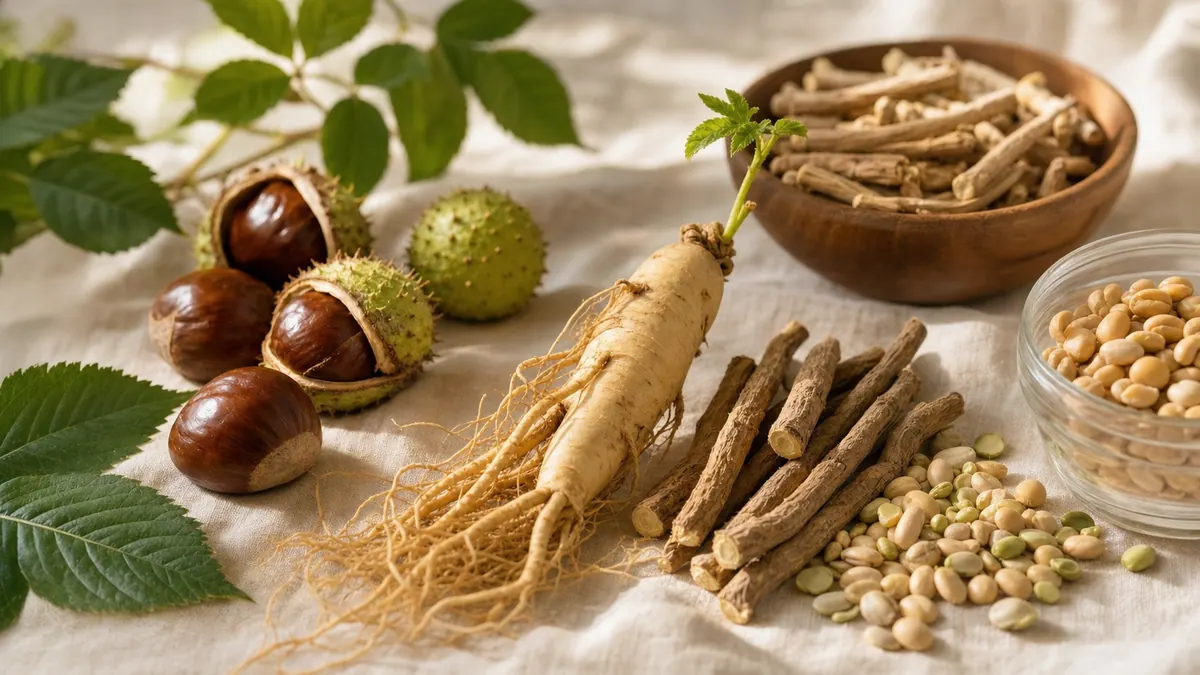 Saponinreiche Pflanzen – Ginsengwurzel, Rosskastanie, Süßholz und Hülsenfrüchte – auf hellem Leinen.