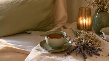 Ruhiges Schlafzimmer im warmen Abendlicht mit Nachttisch, auf dem getrocknete Baldrian- und Lavendelzweige neben einer Tasse Tee liegen.