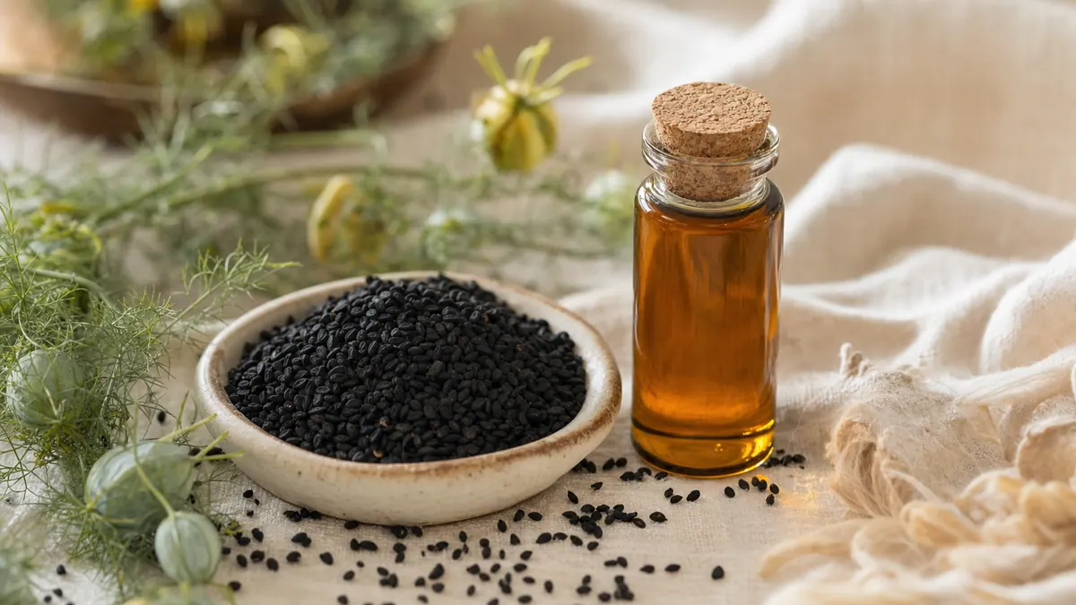 Schwarze Samen des Echten Schwarzkümmels (Nigella sativa) neben einem Fläschchen goldgelbem Schwarzkümmelöl auf hellem Leinen.