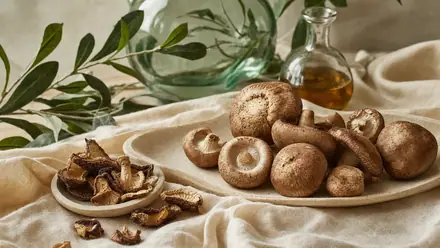 Frische Shiitake-Pilze mit braunen Hüten auf hellem Leinen, daneben einige getrocknete Exemplare.