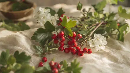Blühender Weißdorn (Crataegus) mit weißen Blüten und gelappten Blättern, daneben die roten Früchte des Strauchs auf hellem Leinen.