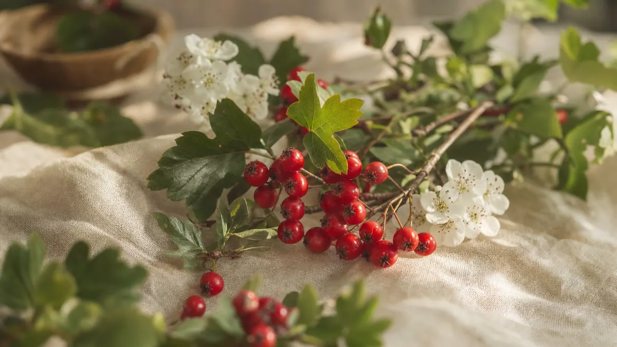 Blühender Weißdorn (Crataegus) mit weißen Blüten und gelappten Blättern, daneben die roten Früchte des Strauchs auf hellem Leinen.