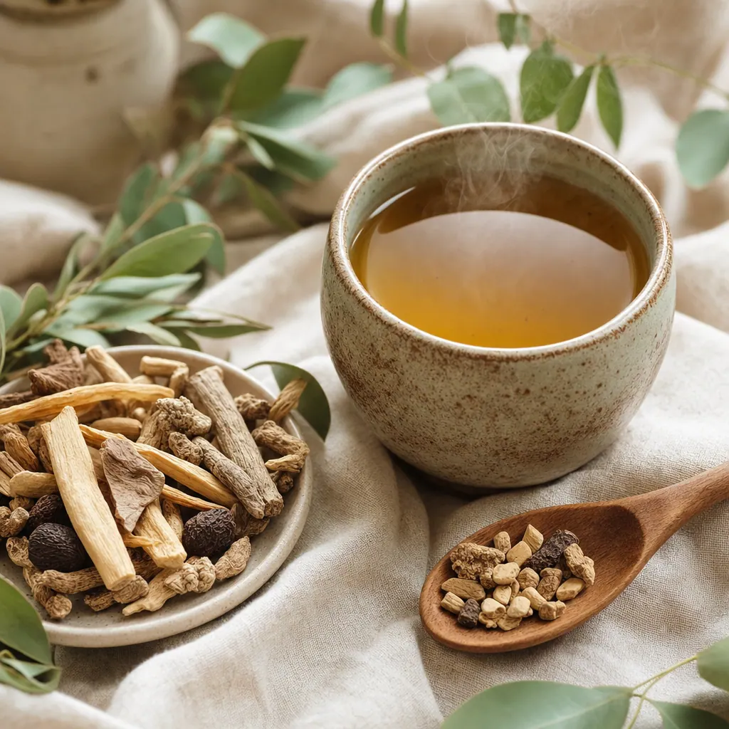 Tasse mit goldgelbem Adaptogen-Tee und getrockneten Wurzeln auf hellem Leinen.