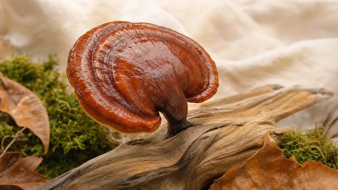 Glänzend rotbrauner Reishi-Pilz mit lackartigem Hut auf verwittertem Holz, umgeben von Moos und getrockneten Blättern.