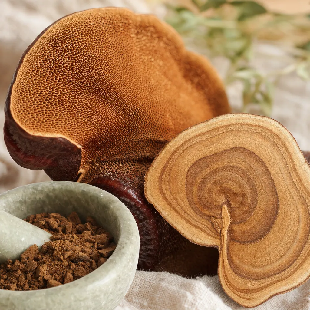 Makroaufnahme eines aufgeschnittenen getrockneten Reishi mit holziger Struktur, daneben ein Mörser mit grob gemahlenem Pilzpulver.