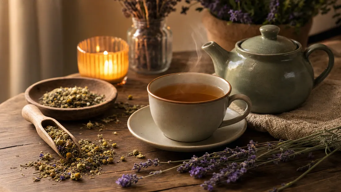 Abendliches Teeritual mit dampfender Kräutertee-Tasse, kleiner Teekanne, getrockneten Kräutern und einer warmen Kerze.