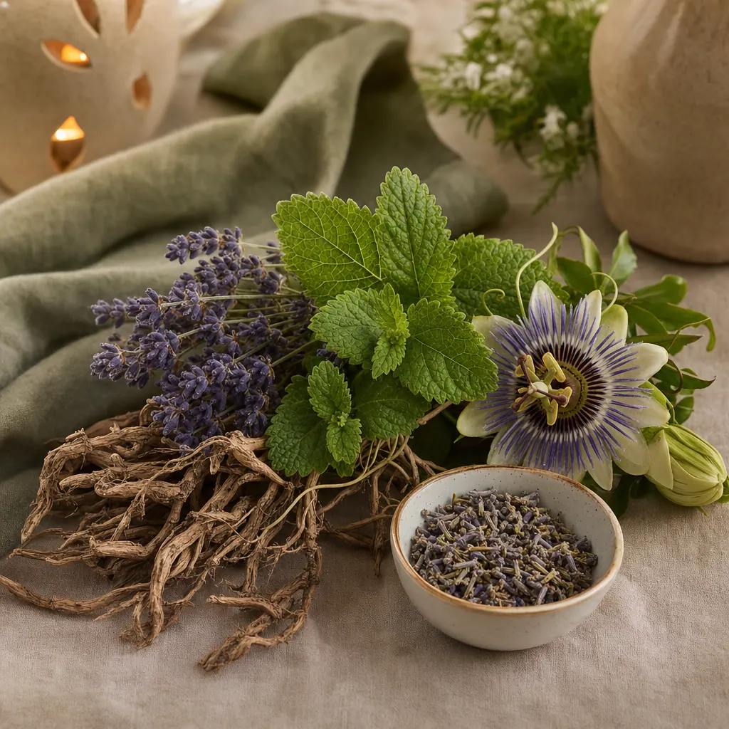 Stillleben beruhigender Heilpflanzen: Baldrianwurzel, Lavendelzweige, Melissenblätter und eine Passionsblumenblüte auf Leinen.