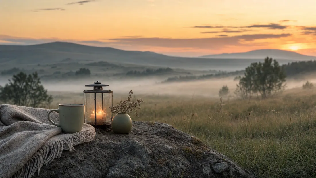 Ruhige Naturlandschaft in der Dämmerung mit nebliger Wiese und sanften Hügeln im warmen Abendlicht.